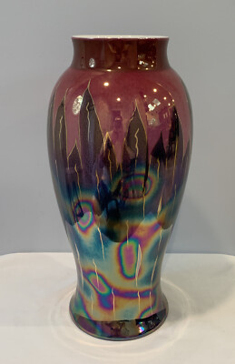 VTG Royal Bavarian Fayence Irredescent Glazed Vase 14'' By M. Rosenbaum & Sons