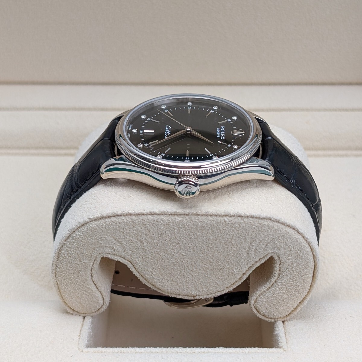 Rolex Cellini 50509 Black Diamond Dial Leather Strap Time 39mm