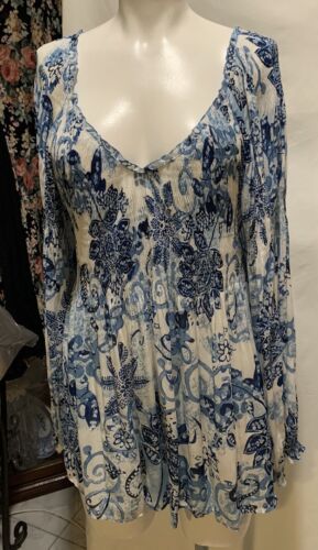 ❤️Sunny Leigh Flowy Crystal Pleated Blouse Top Size XL Blue White Floral - 第 1/10 張圖片