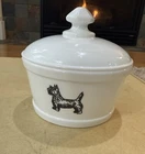 Mosser Milk Glass USA Vintage Butter Tub Dish Embossed Scottie Dog Terrier Black