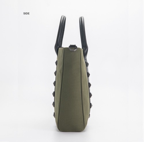 Scarsella ‘Dakota’ Olive Green Canvas Black Leather Studded Laptop Bag Carrycase - Picture 7 of 9