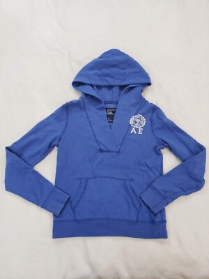 American Eagle Womens Small Hooded Sweat Shirt Blue Thick V-Neckline Pocket
