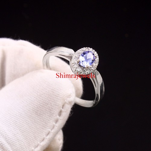 Anillo De Mujer Con Piedra Natural De Tanzanita Y Baño De Oro Blanco De 18K #629 - Imagen 10 de 11