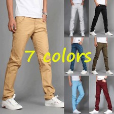 Men Straight Leg Trousers Mid Waisted Slim Fit Casual Solid Pencil Pants Soft