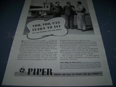 1942 PIPER CUB TRAINER ''YOU TOO CAN LEARN TO FLY''..1-PAGE SALES AD..(827X)