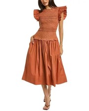 ULLA JOHNSON MADELINE DRESS CLAY ORANGE MIDI SMOCKED POCKETS $595 SIZE 8 NEW *1A
