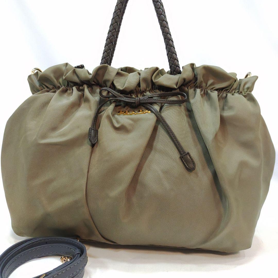 PRADA Green Leather and Nylon 2-Way Shoulder Handbag Ribbon Strap Japan