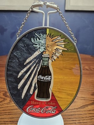 Coca-Cola Oval Sun Catcher-Stained Glass Window Hanging W/Chain Sun/Winter