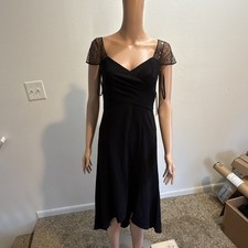Maggy London Black Solid Mesh Beaded Short Sleeve V-Neck A-Line highlow Dress