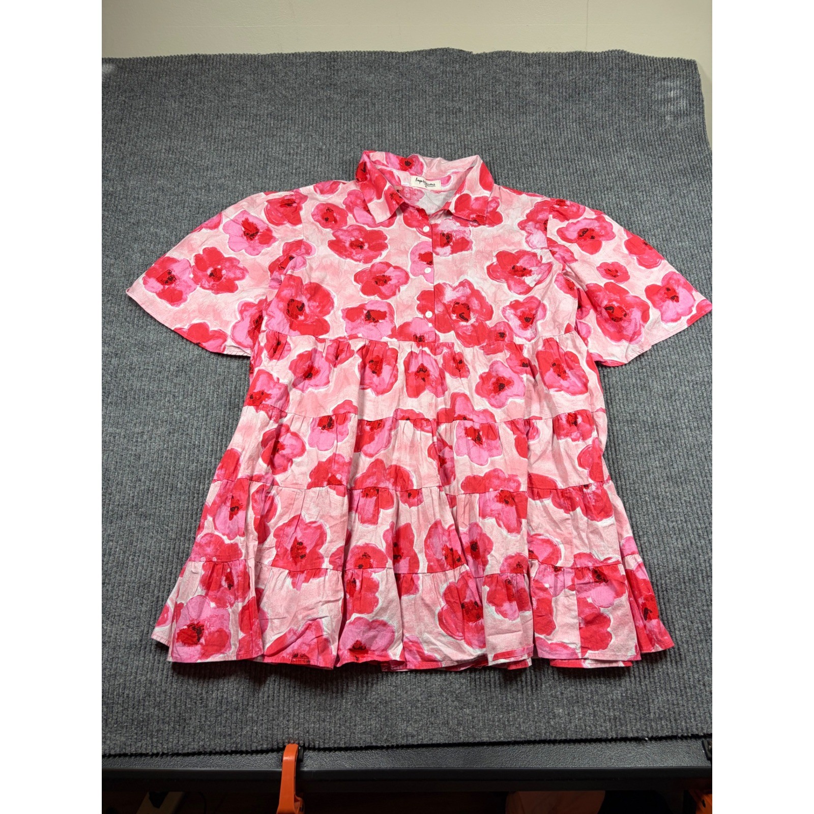 Impressions Dress Women 2X Pink Floral Tiered Babydoll Short Sleeve Button Front