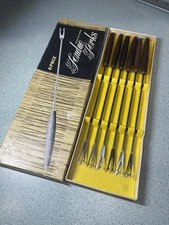 Vintage Fondue Forks Set Of 6 Piece Stainless Steel Wood Handle In Box