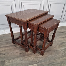 Vintage Nest Of Tables - Wooden Oak Turned Legs - Rustic Occasional Side Nesting