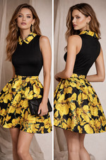Alexander McQueen Runway Sculptural Floral Fit Flare Dress Black Yellow Size S