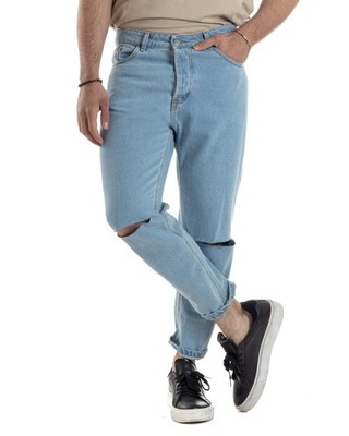 Pantaloni Jeans Uomo Denim Con Taglio Al Ginocchio Cinque Tasche