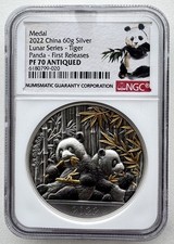 NGC PF70 China 2022 Lunar Tiger Year Panda Tiger Antiqued Silver Medal 60g