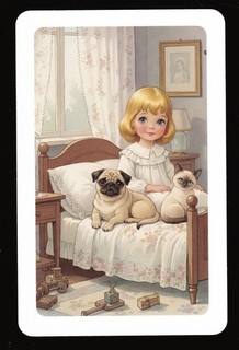 1 SWAP PLAYING CARD LITTLE BLONDE GIRL IN BED WITH PUG DOG & HER KITTY CAT