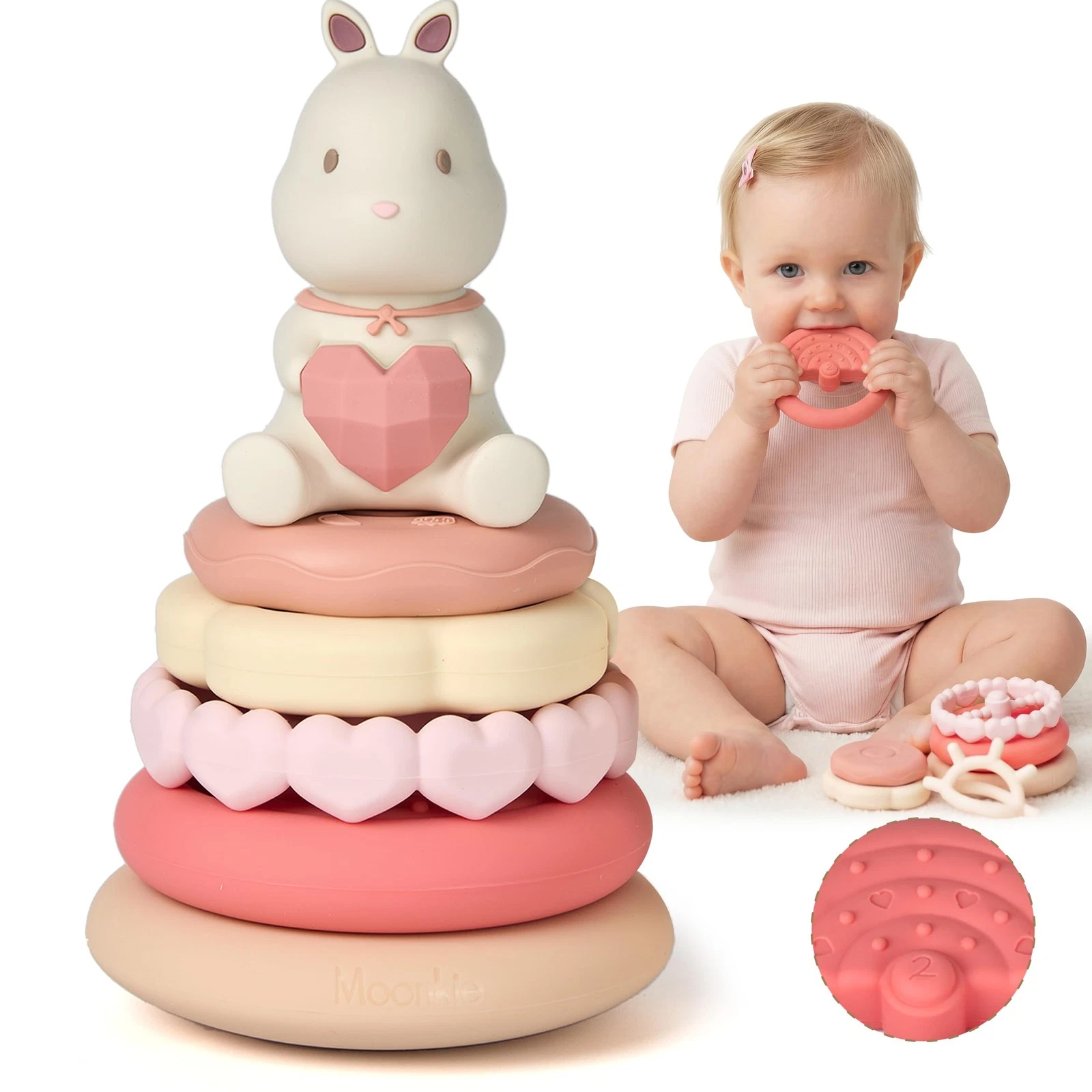 Bunny Baby Stacking Toys | 7-Piece Silicone Rings for Teething Relief | Educa...
