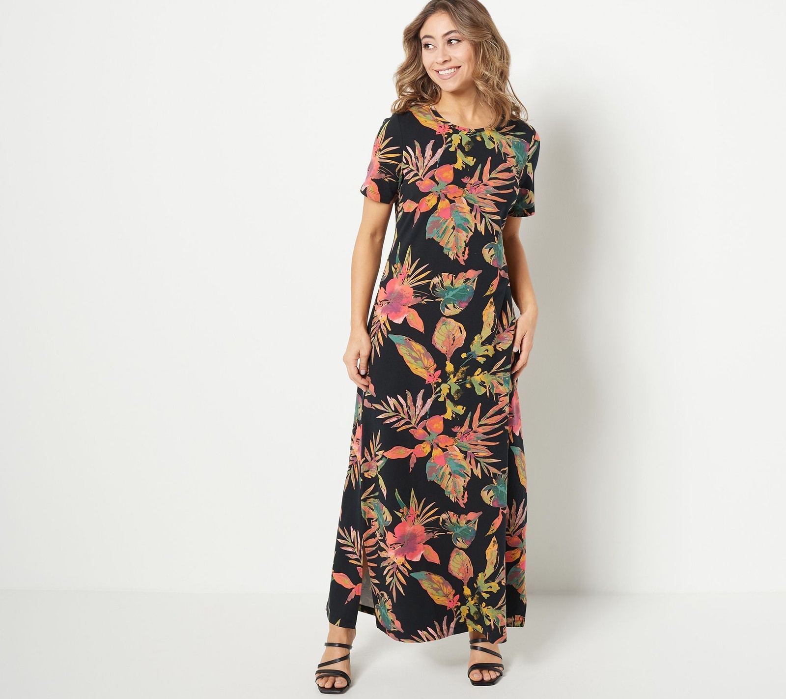 Denim & Co. Women's Dress Sz S Beach Short Sleeve Maxi Multi-colored A511189