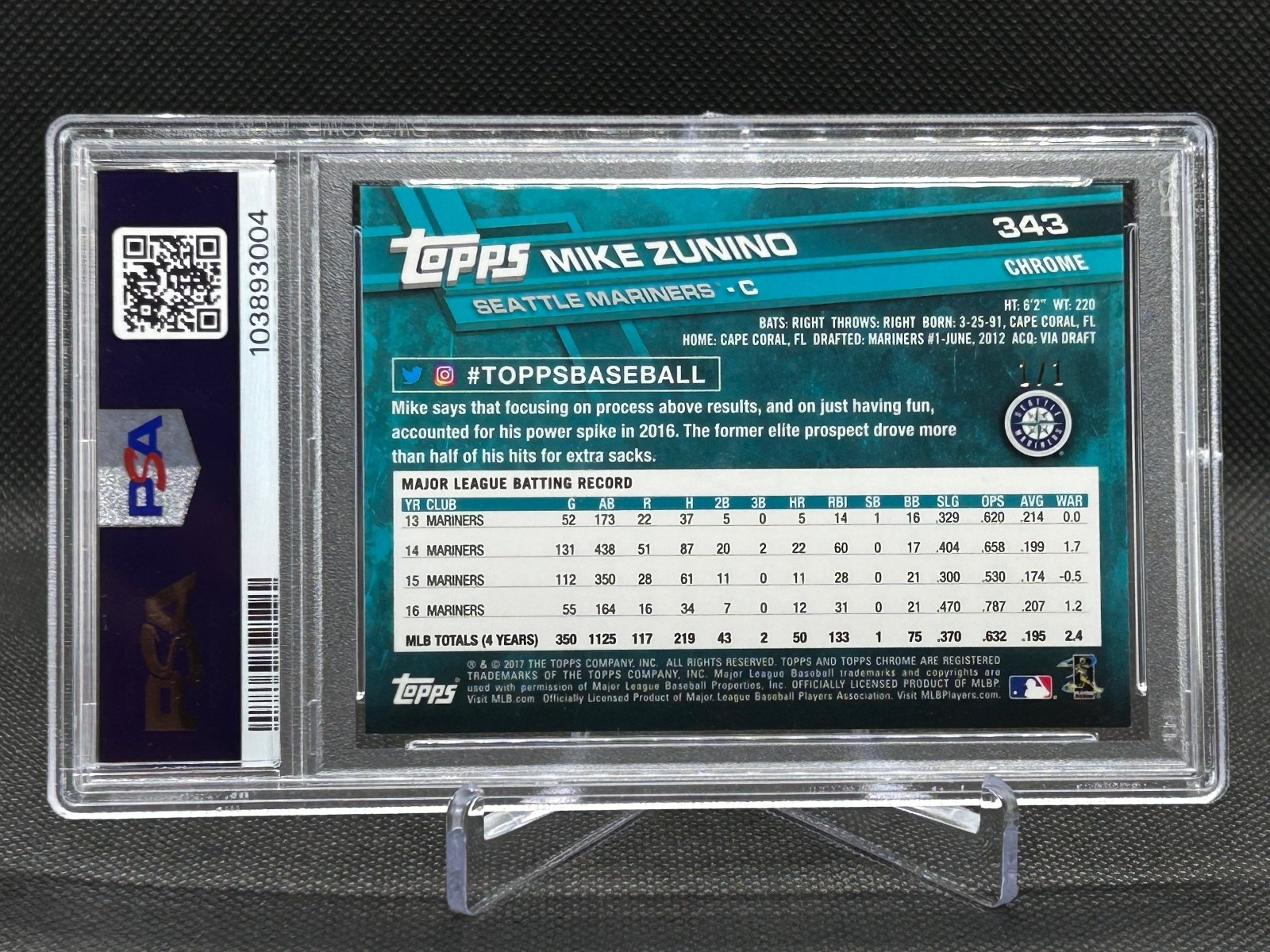 Mike Zunino 2017 Topps Chrome Sapphire Edition SUPERFRACTOR 1/1 PSA 10 Card #343 view 2