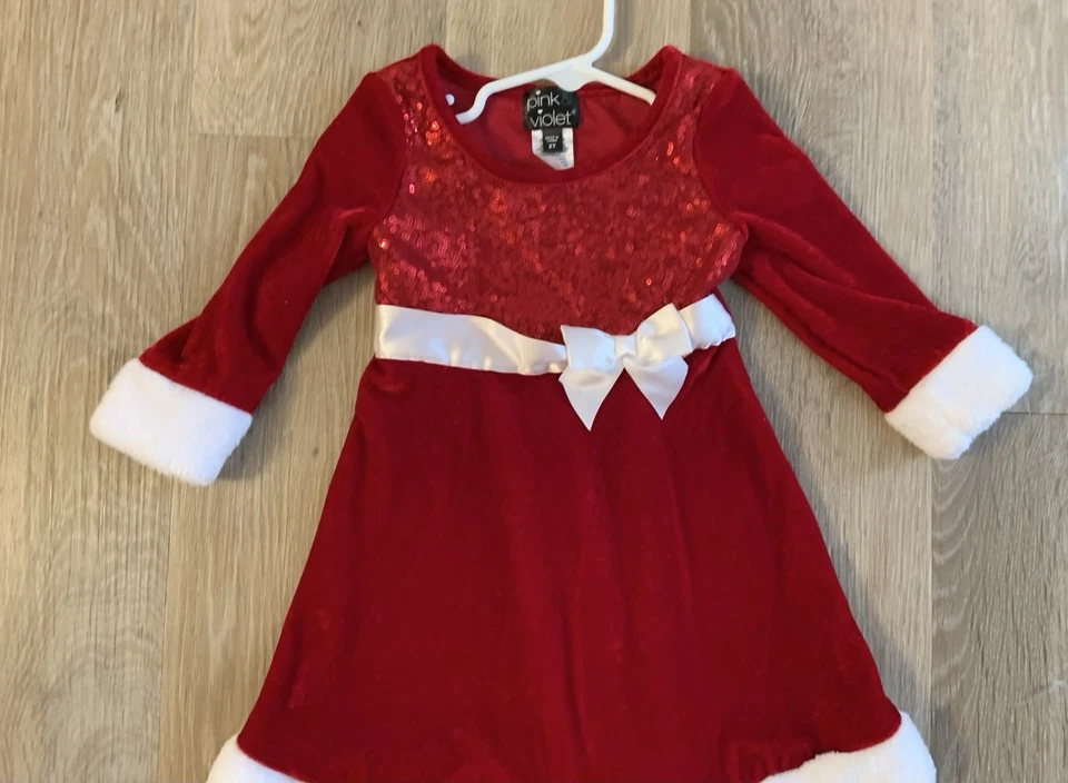 Vestido de fiesta rosa violeta para niña talla 2T rojo terciopelo y lentejuelas con ribete blanco Foto 4 de 4