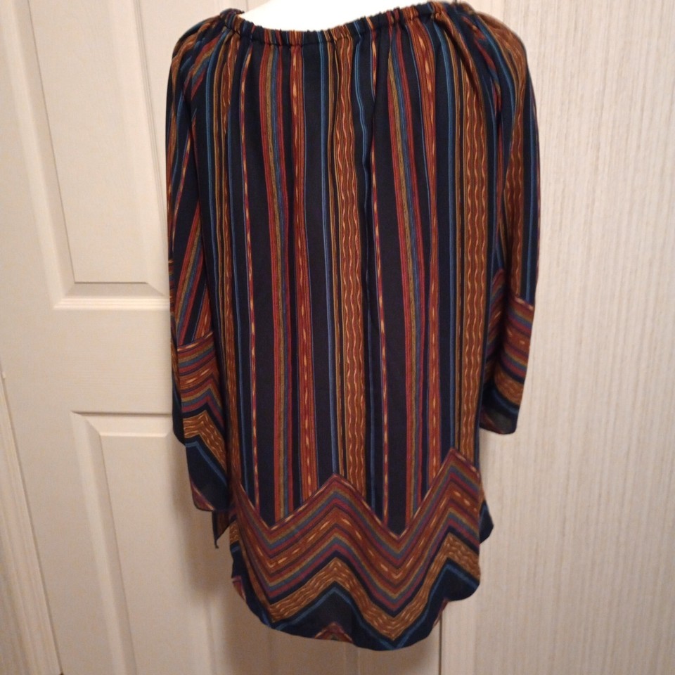 Women's Kimono Sleeve Blouse Size L New Directions Navy Rust Scoop Neck