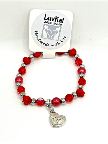 *Roses For Mom* Red Cinnabar & Glass 7.5" Mother's Day STRETCH Charm Bracelet - Picture 5 of 5