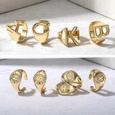Men Women 14K Yellow Gold Plated Initia Letter A-Z Open Ring Adjustable Size 