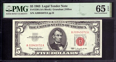 1963  $5 LEGAL TENDER NOTE RED SEAL CURRENCY FR.1536 AA BLOCK PMG GEM UNC 65 EPQ