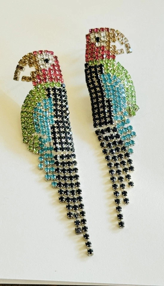 Brincos brilhantes papagaio arara vintage cristal strass pendurado declaração colorida - Imagem 2 de 4
