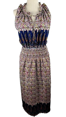 LKNU! Misa Los Angeles Paisley & Floral Smocked Waist Sleeveless Dress sz L B2