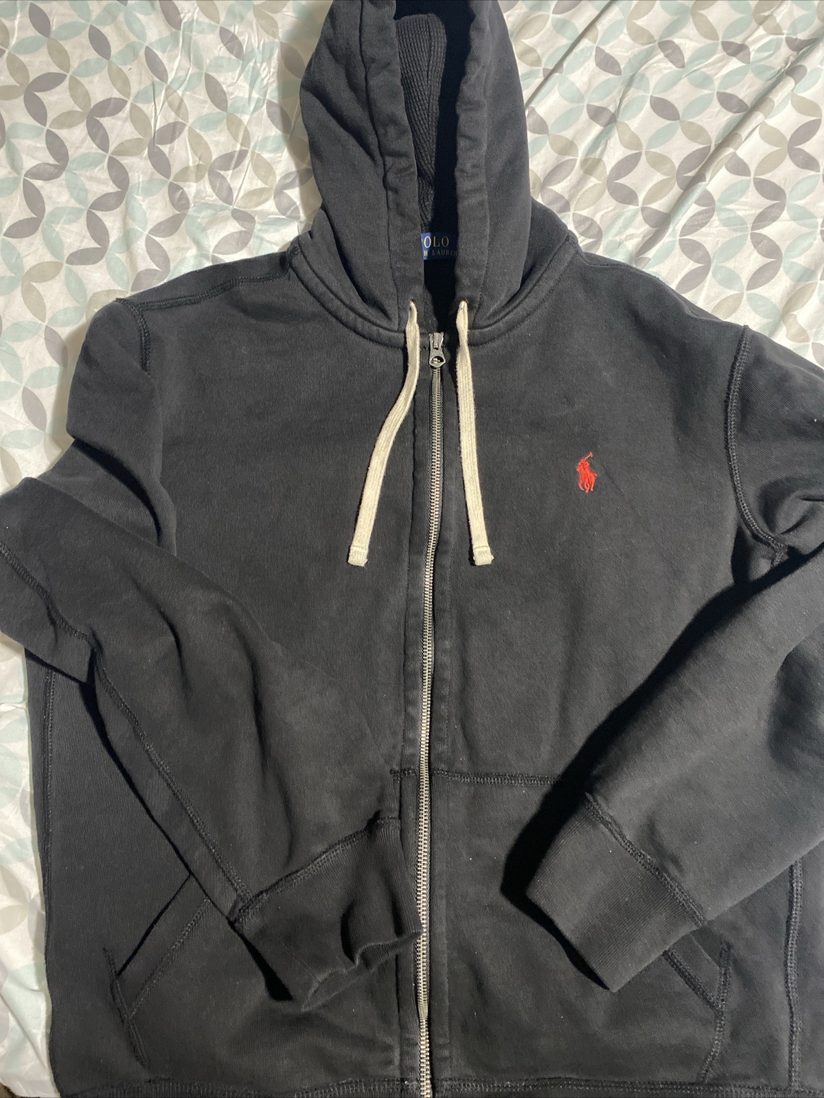 Felpa con cappuccio Polo Ralph Lauren da uomo L cerniera intera nera rossa pony pesante pulita