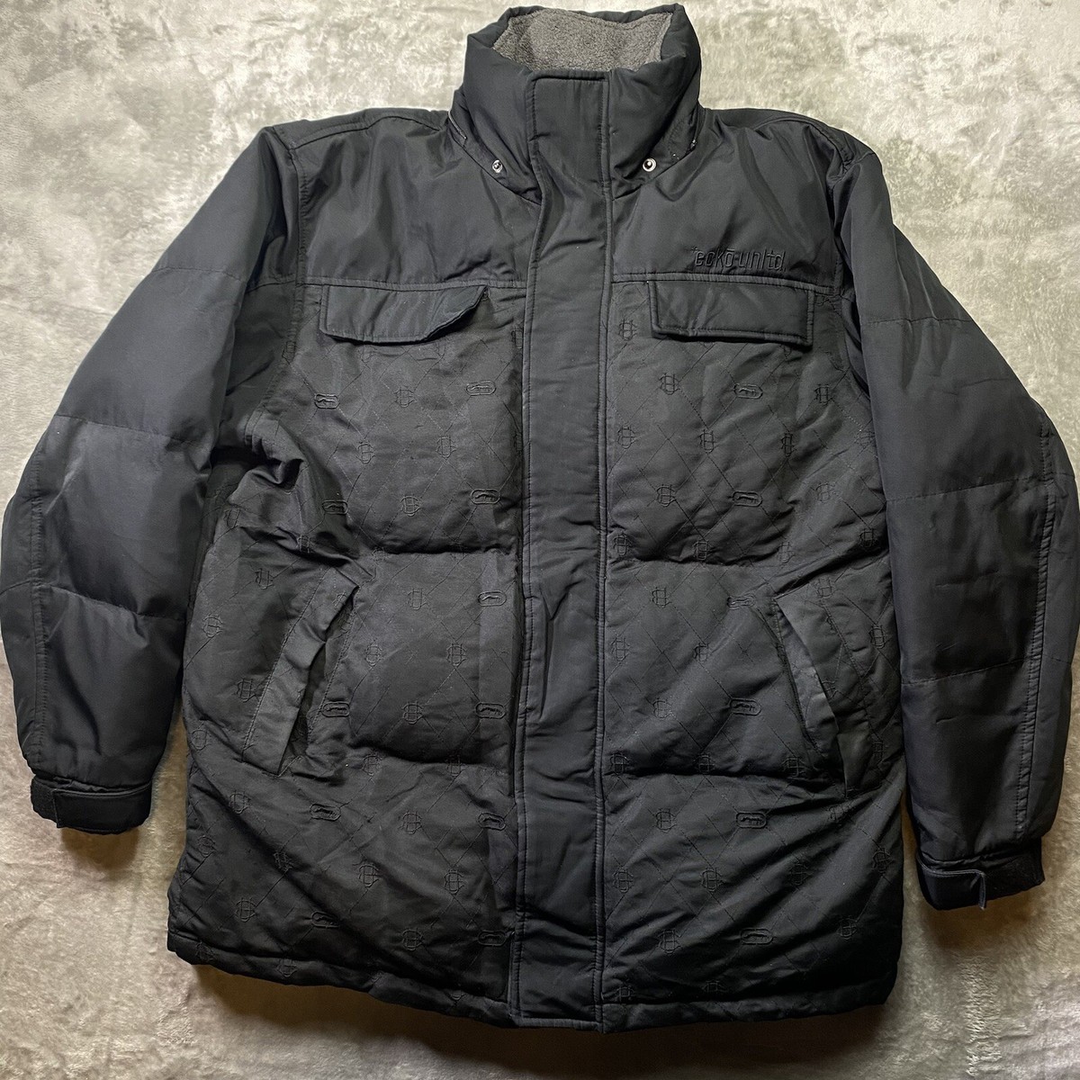 VTG Ecko Unltd Puffer Jacket Mens Medium Black Down Coat Embroidered Street  Y2K