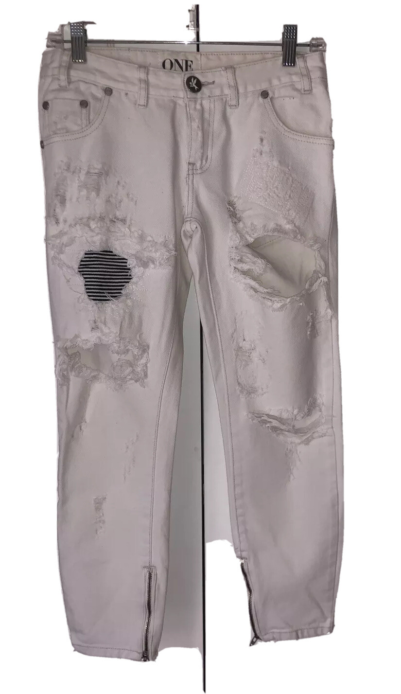 One Teaspoon Trashed Free Birds White Denim Distressed Ankle Zip Jeans