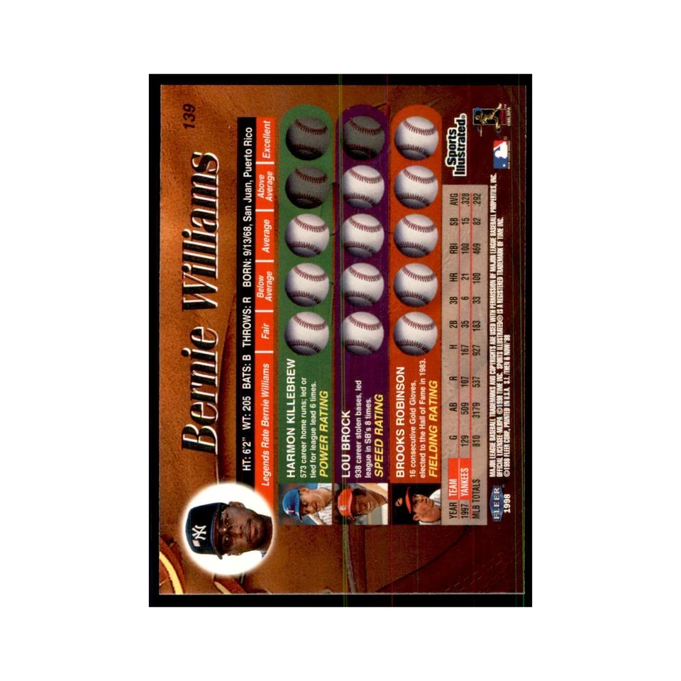 Bernie Williams 1998 Fleer #139 Baseball Cards Baseball Card NM - Image 2 of 3