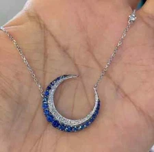 2Ct Round Cut Lab-Created Sapphire Crescent Moon Pendant 14k White Gold Plated