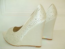 SIZE 3 4 5 6 7 WHITE OR IVORY SATIN  DIAMANTE HIGH WEDGE BRIDAL OCCASION SHOES