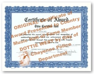 DOTTIE WEST *ORIGINAL* Certificate Presented to Dottie by the City of Cheyenne