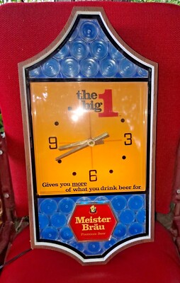Meister Brau The Big 1 Lighted Advertising Beer Bar Clock Sign Works