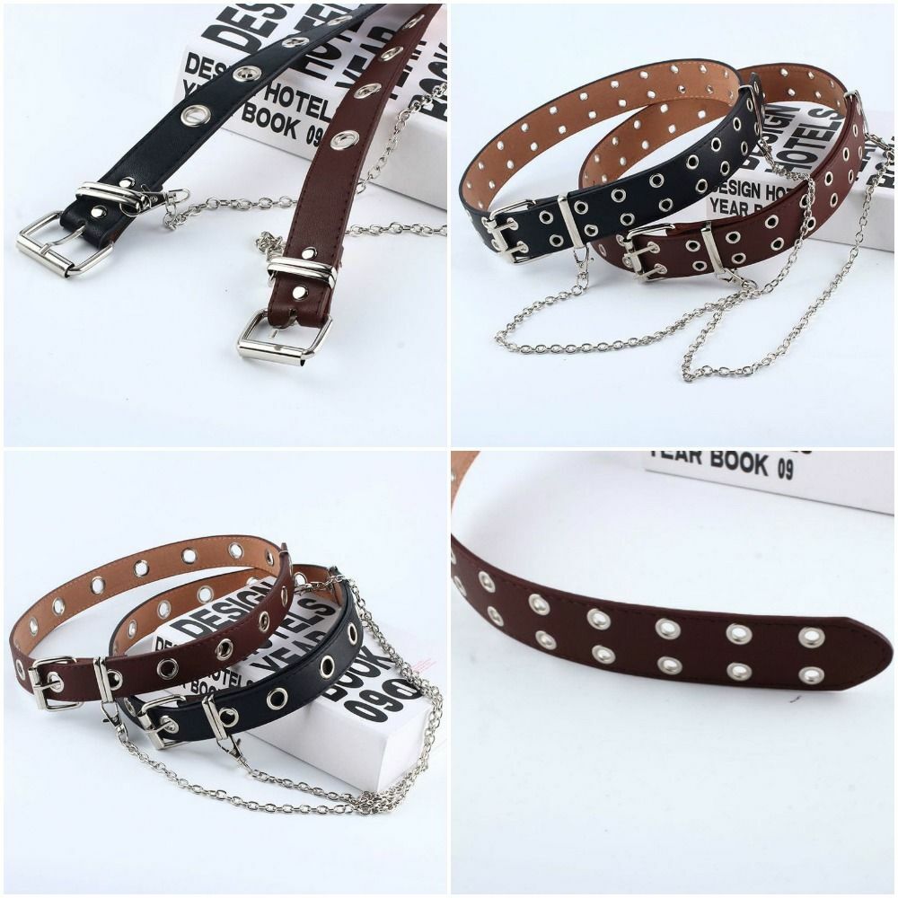 Women Punk Chain Belt Black Eyelet Grommet Leather Buckle