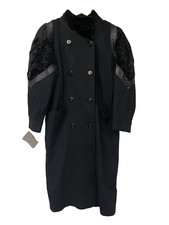 Vintage Nwt Nordstrom Black Long Wool Coat Jacket Leather Trim Size 7/8 Trench