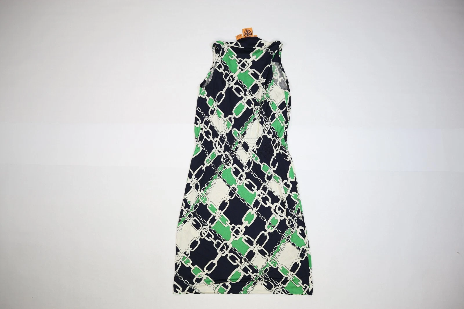 Abito donna Tory Burch verde e blu navy stampa maglia catena senza maniche seta XS