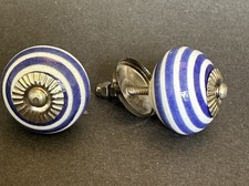 2 Blue White Stripe Round Porcelain /metal Kn...