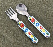 2004 Sesame Workshop Elmo Toddler Fork and Spoon - Vintage First Years Utensils