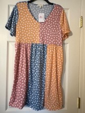 NWT Perfect Peach L Large Short Sleeve Dress Boho Mixed Pattern Multi