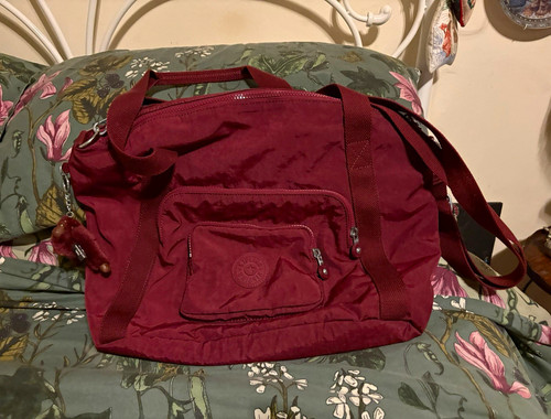 Kipling Burgundy Nylon Holdall Duffle Bag 40L Adjustable Strap, Compartments