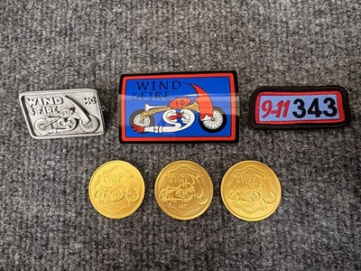 Wind & Fire Motorcycle Club. Fire Department. Pin,decal, patch, 3 Coins. FD. 