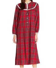 Vtg Sz M LANZ Of SALSBURG Red Plaid Flannel SLEEP Long NIGHTGOWN PJ Button