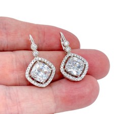 Cushion Cut Cubic Zirconia Halo Dangle Earrings  Sterling Silver 925