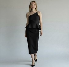 Cue Peplum Pencil Midi Dress Size AU8 Black Frill Waist One Shoulder Formal