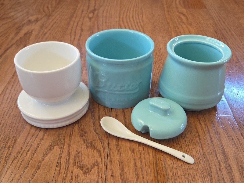 Lot 2 Dowan Porcelain Aqua French Butter Keeper Mason Jar & Sugar Dish Lid Spoon